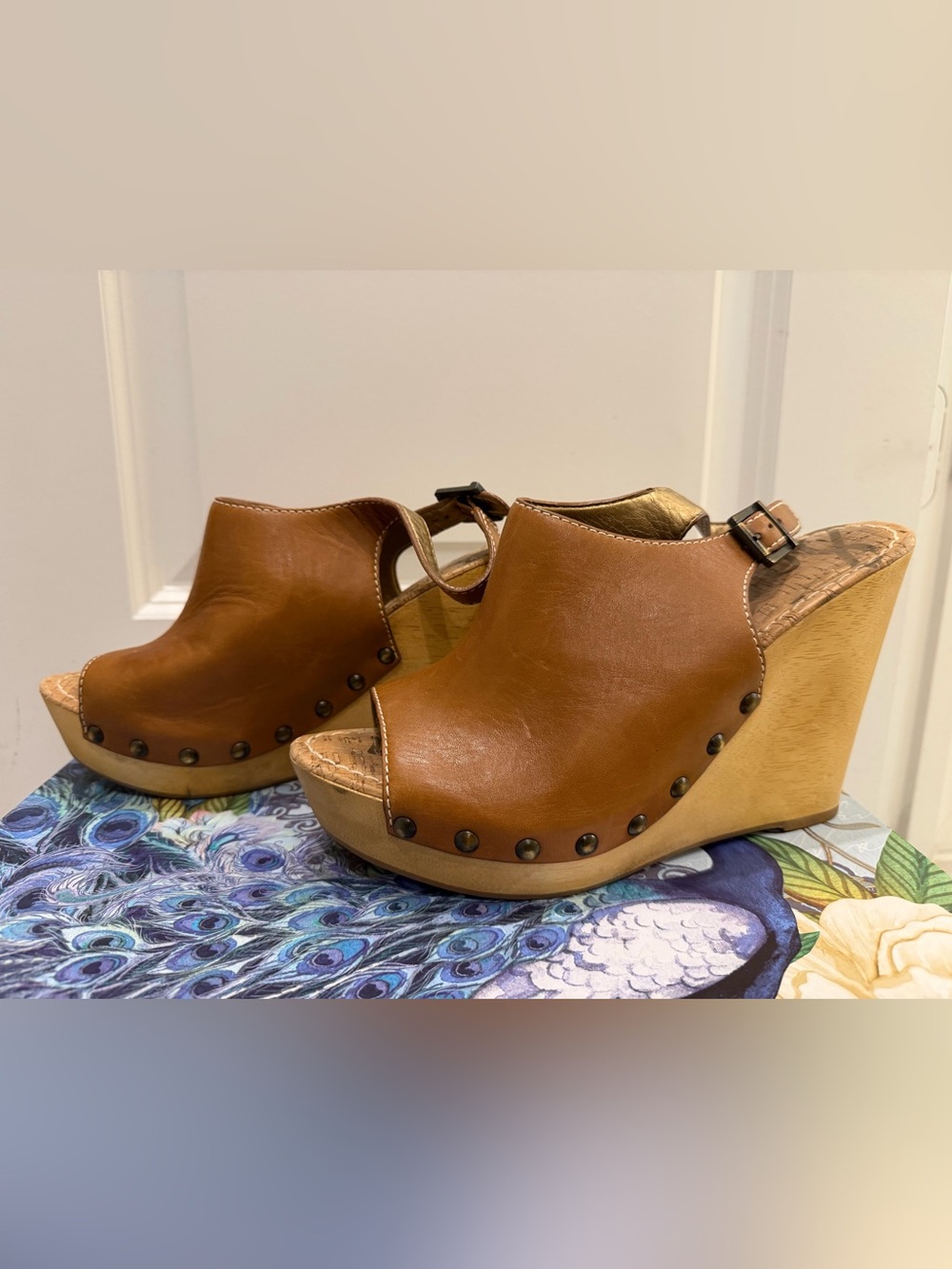 Camilla Brown Leather Studded Wood Wedge Sandals 10M